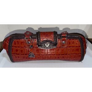 Vintage MC Marc Chantal Croc Embossed Brown Barrel Bag Heart Hardware Satchel